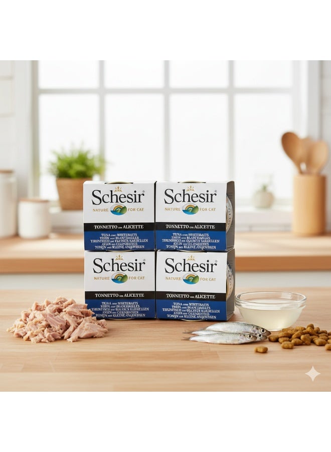 Schesir Nature for Cat 4-Pack 🐾 – Tuna with Whitebaits in Broth – 100% Natural Ingredients – 300 g (4 x 75 g Cans) ✨